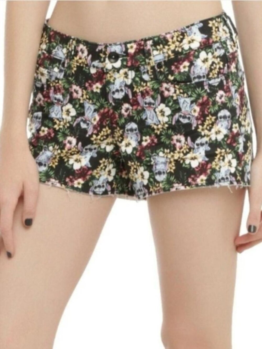 Disney Lilo Stitch Junior's Denim Shorts Size 3 Black Hawaiian Stretch Raw Hem